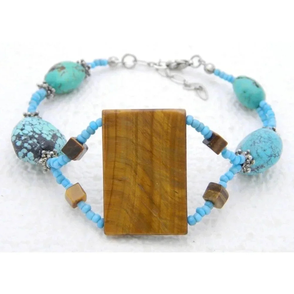 VTG Silver Tone Turquoise Tiger's Eye Stone Bracelet